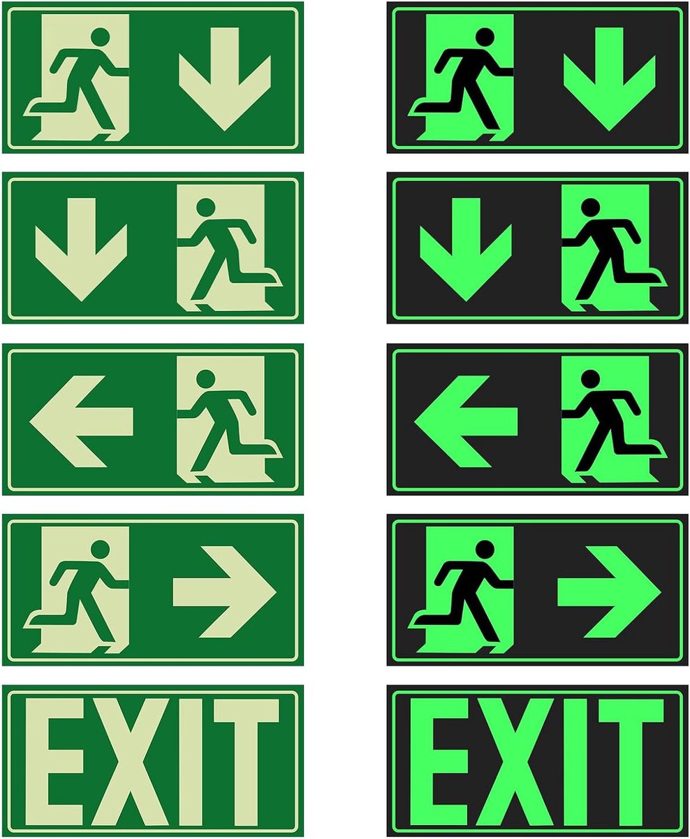 Sticker, 10 Stuks Nooduitgang Bord 30x15cm, Reddingsbord | PVC Zelfklevend Nooduitgangsbord, Vluchtwegborden Oplichtend, Vluchtroute voor Veiligheidsmarkering, Reddingsweg, Vluchtweg
