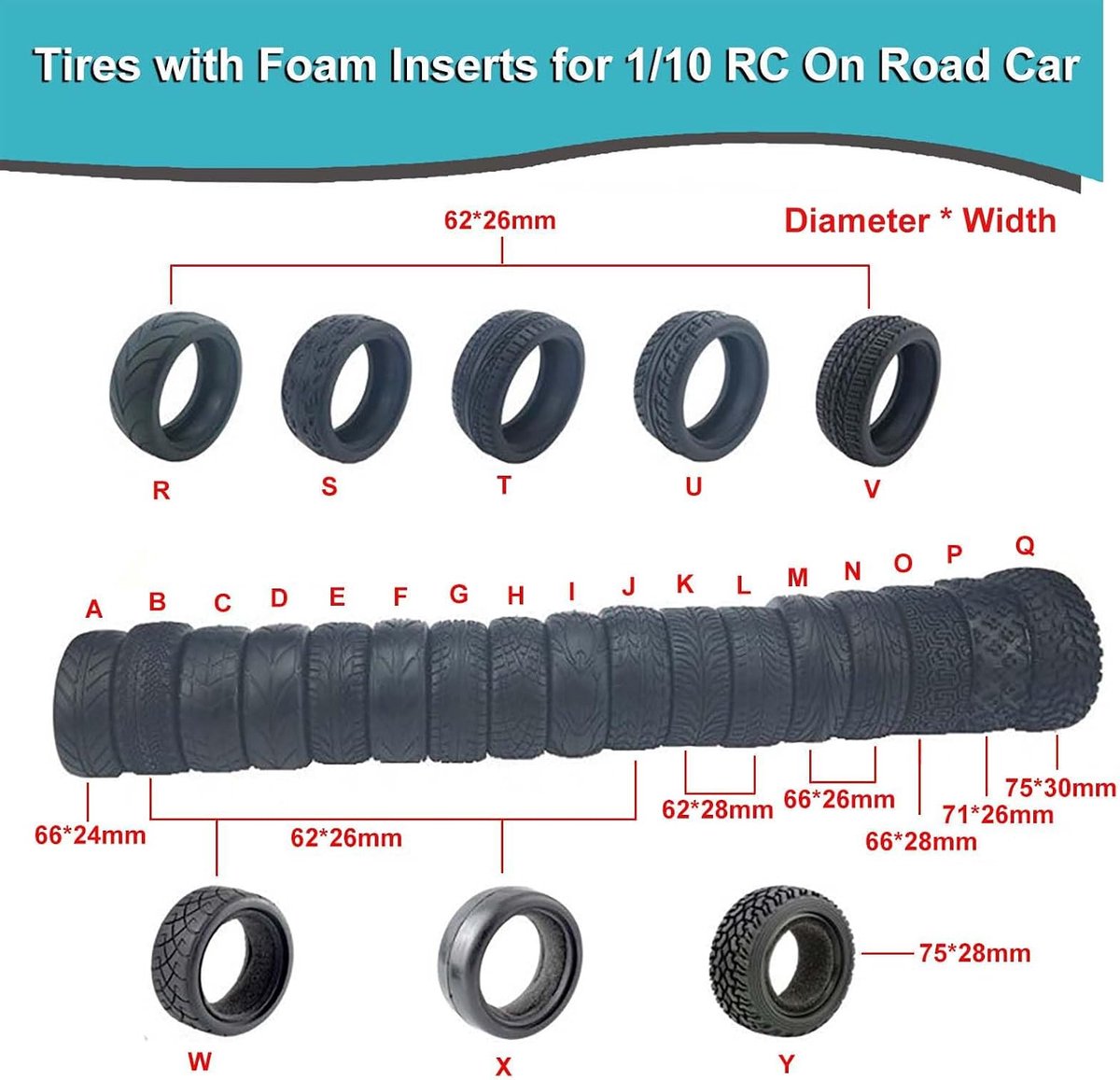 4 stuks rubberen banden met schuimvullingen Banden voor 1/10 HSP Tamiya HPI Kyosho RC On Road Runflating Touring Auto (P, 71mm)