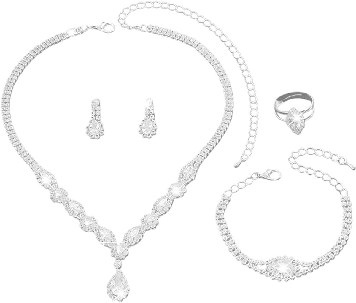 Sieradensets voor dames, bruid- en damessieraden, strass, tranen, hangers, halsketting, oorbellen, armband, ring, cadeau voor huwelijksfeest