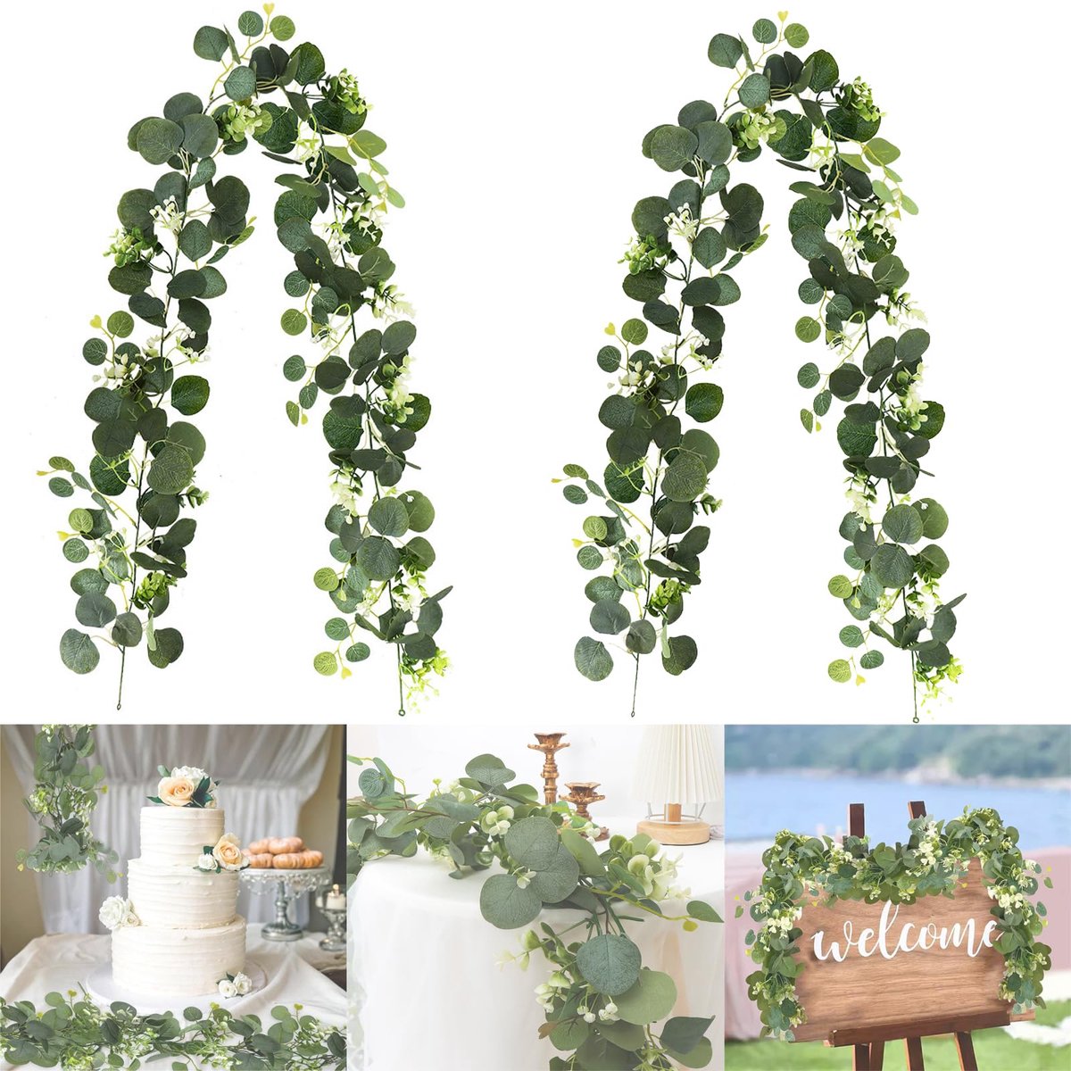 Eucalyptus slinger 180 cm - kunstbloemenkrans - groene hangplanten met witte bloemen - perfecte bruiloftsdecoratie - SnelShoppen