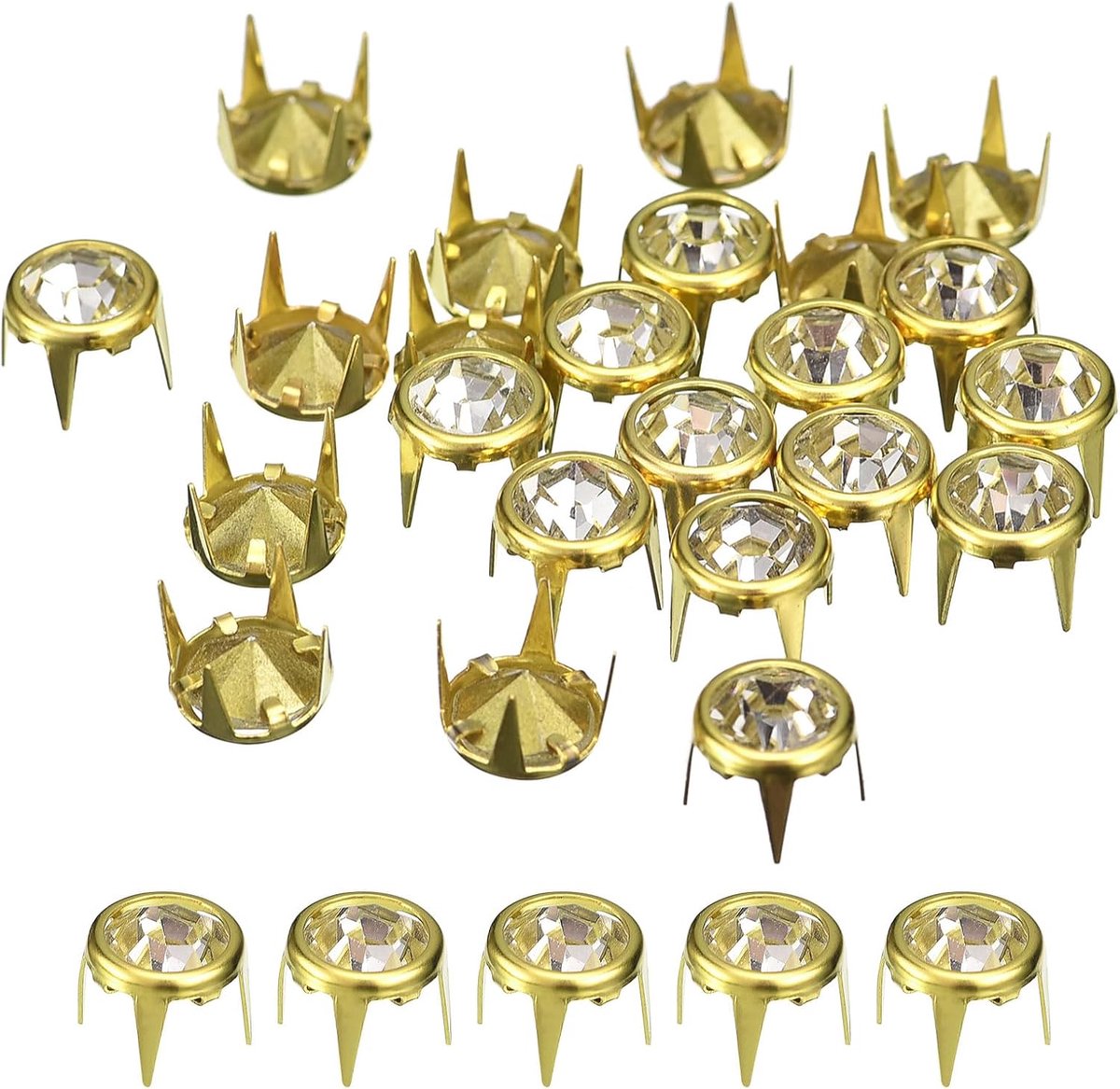 100 stuks strass-klinknagelnavullingen, 8 mm, strass-klauwkralen, klinknagels, metalen punten voor doe-het-zelf lederhandwerk, het maken van portemonnee, kleding, gouden frame + witte stenen