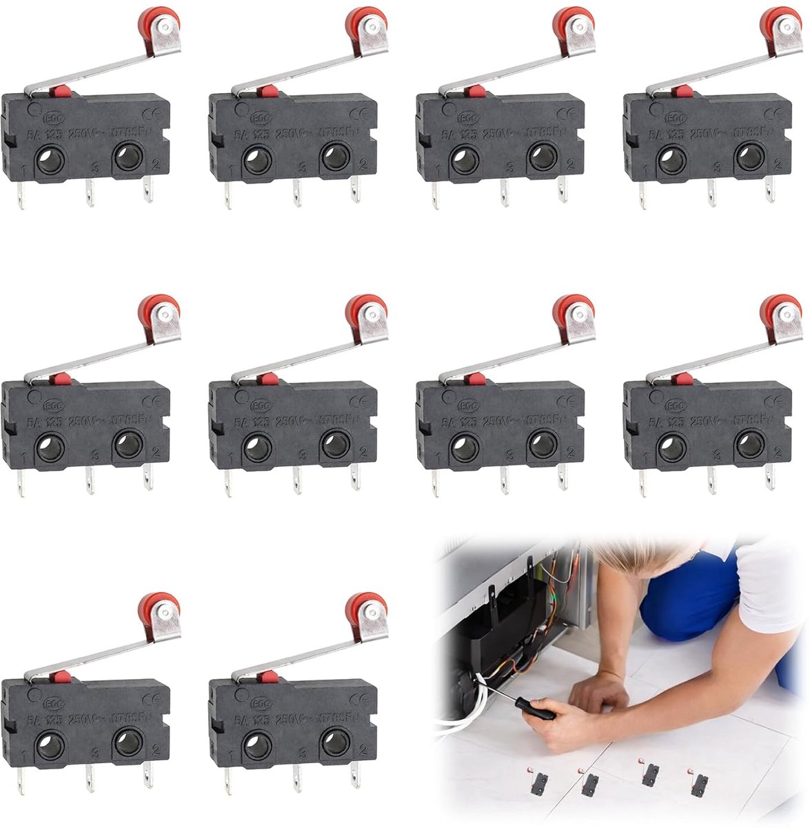 10 stuks microschakelaar met rolhendel – Precisie eindstandschakelaar/eindschakelaar 250V 5A SPDT, 1NO 1NC, miniatuur limietschakelaar voor automatisering & modelbouw (3-pins)