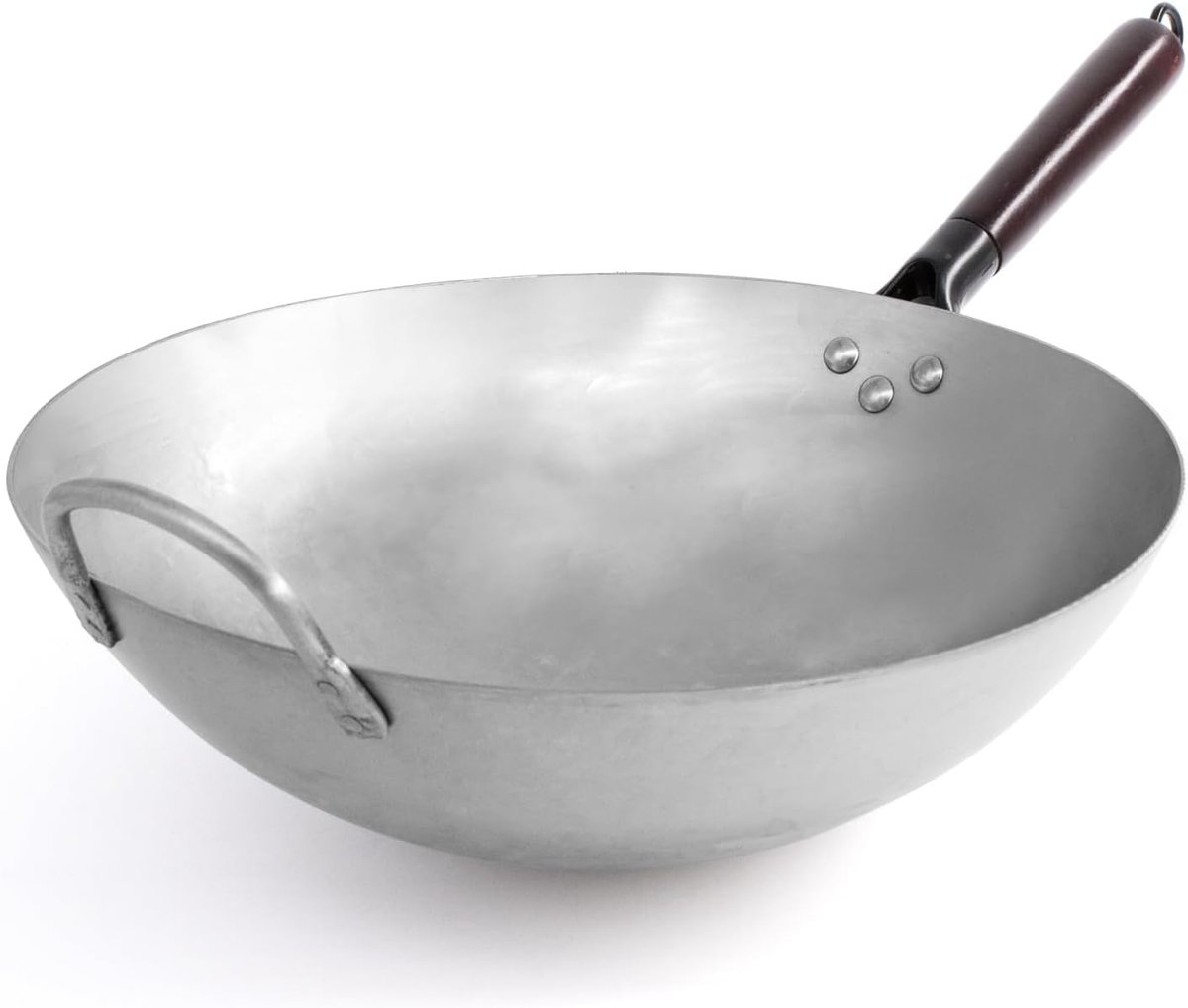 Joeji's Kitchen Carbon Steel Wok 35cm - Ronde bodem - Afneembare Houten Handgreep - Traditionele Hand Gehamerde Stijl - Commerciële Kwaliteit - Zware Stevige Chinese Koekenpan Wok - Perfect voor