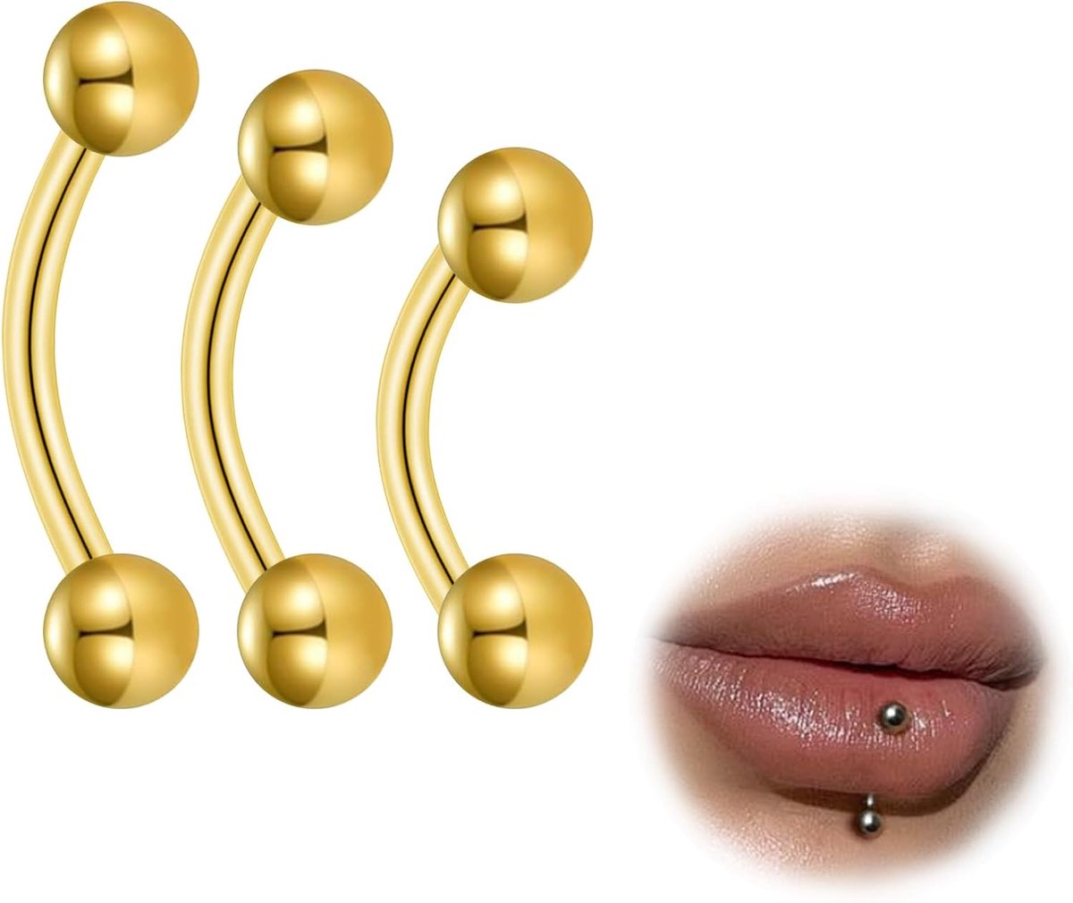 titanium rook piercing sieraden banaan wenkbrauwen barbell helix labret piercing lip lip piercing daith belly bar zilver goud bal gebogen barbell 6mm 8mm 10mm 16G 3 stuks, (16G)1.2mm