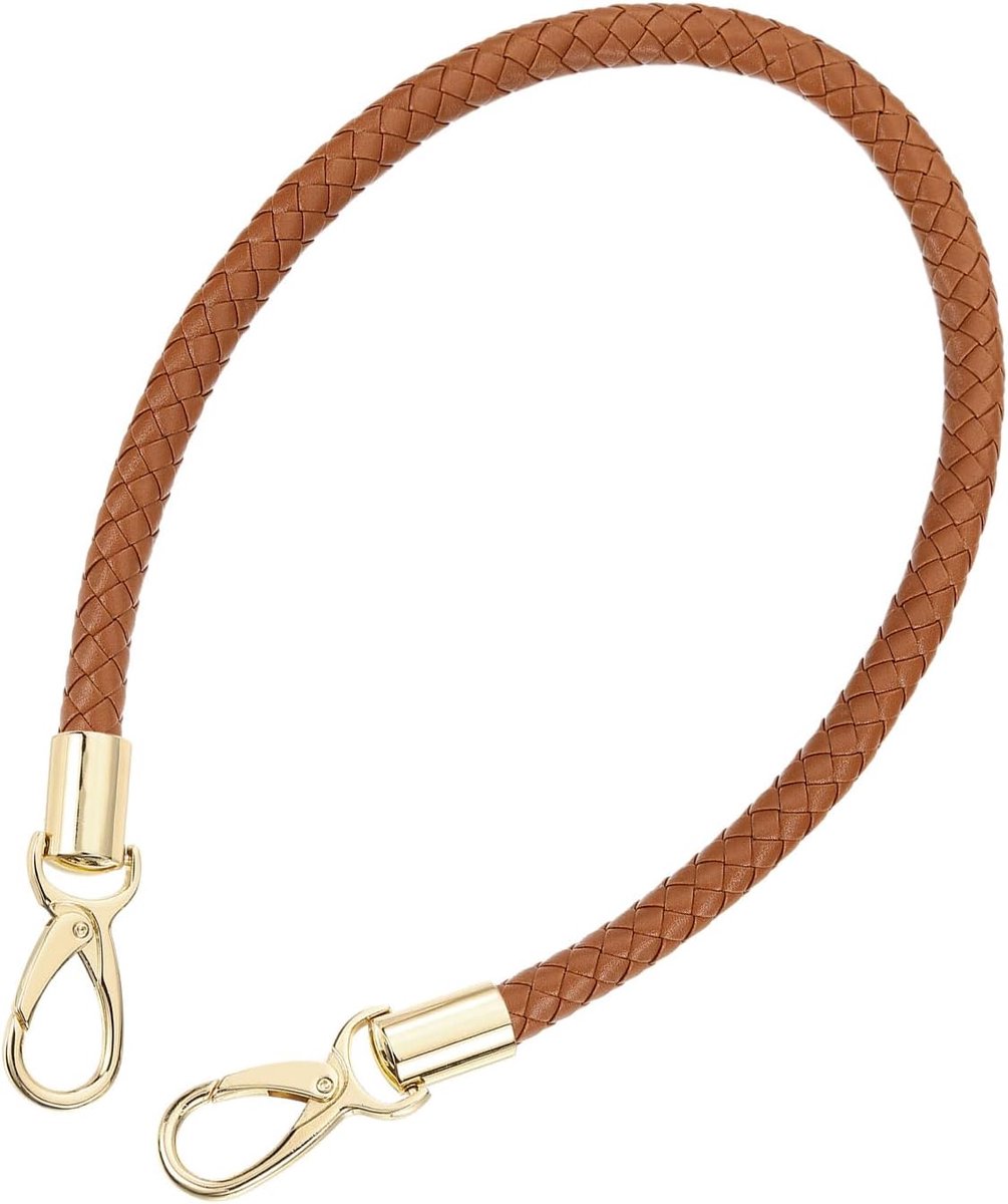 Tasriem, 60 cm, lichtbruine band + goudkleurige sluiting | 1 x korte leren riem van gevlochten PU-leer, vervanging voor tasgreep, met metalen gespen van okselholte