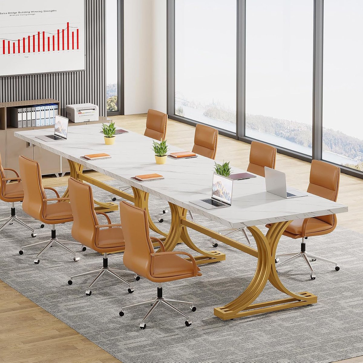 10,5 FT Faux Marble Conferentietafel, moderne vergadertafel met gouden poten voor 8-10 personen, rechthoekige seminar vergadertafel voor kantoor vergaderruimte (2, wit + goud)