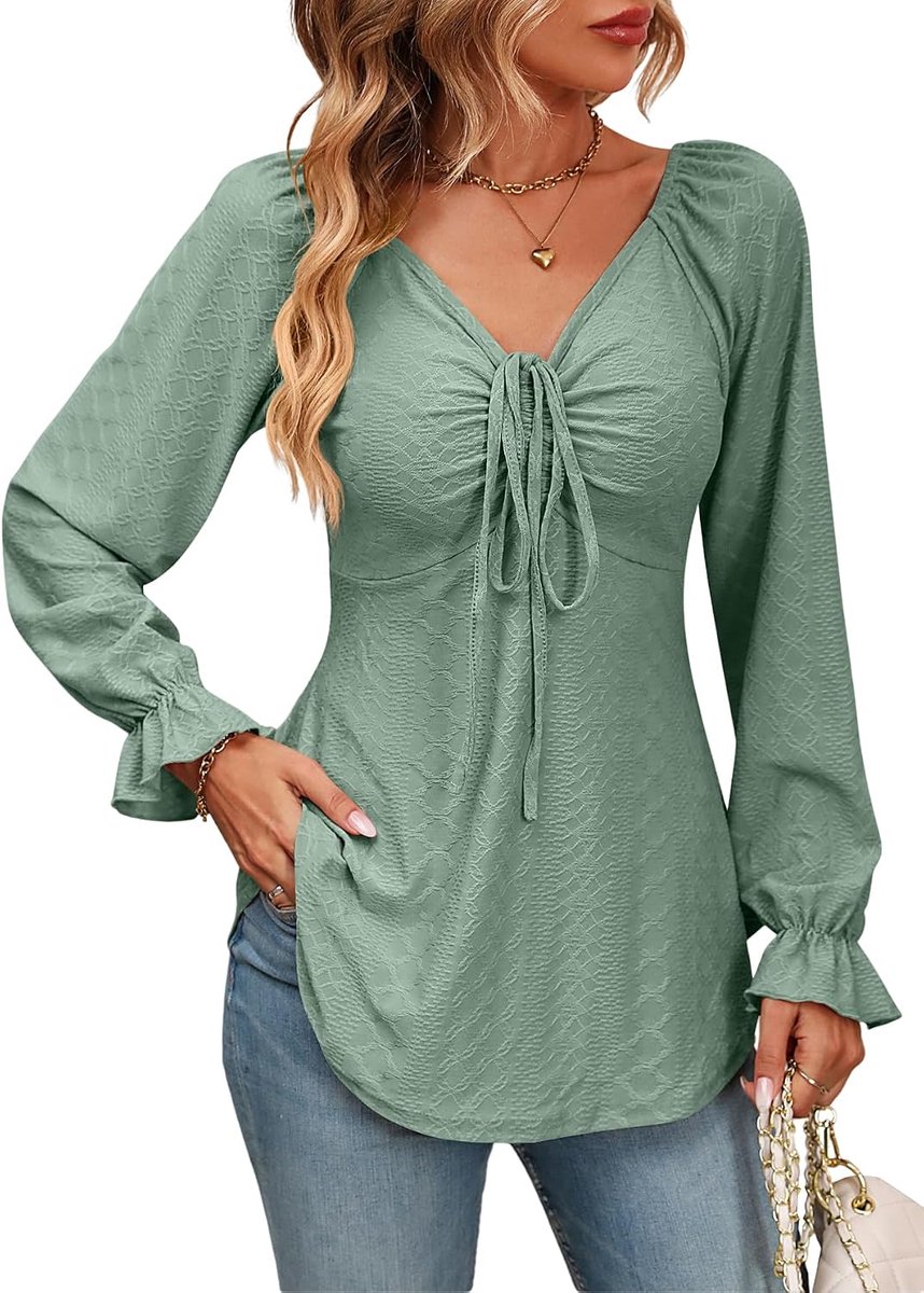T-shirt voor dames, lange mouwen, sexy top met V-hals, tuniek, effen shirt voor feestjes, dagelijks gebruik