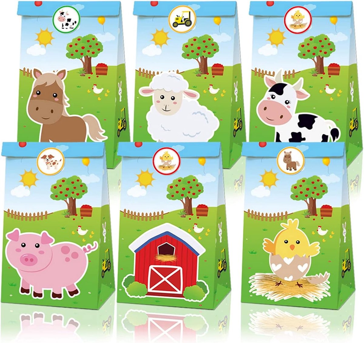 12-pack boerderijdieren snoep bedank zakjes, dierenpartij cadeauzakjes, boerderijfeest bedankzakjes, Feestzakjes met dierenthema, cadeauzakjes voor verjaardagsfeestjes