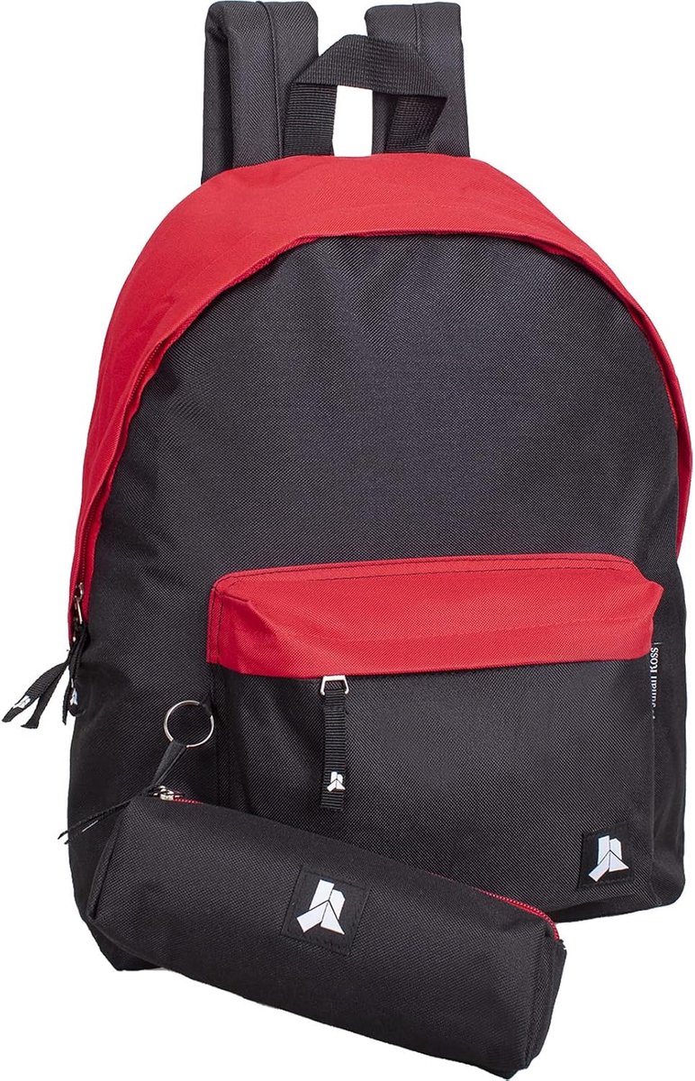 Ross JR3007 Rugzak met Etui voor Medium, Basisschool en Hogeschool voor Kinderen en Tieners, 41 cm, 24 l, Polyester, Waterdicht, Vrije Tijd, Reistas, Zwart Rood, school