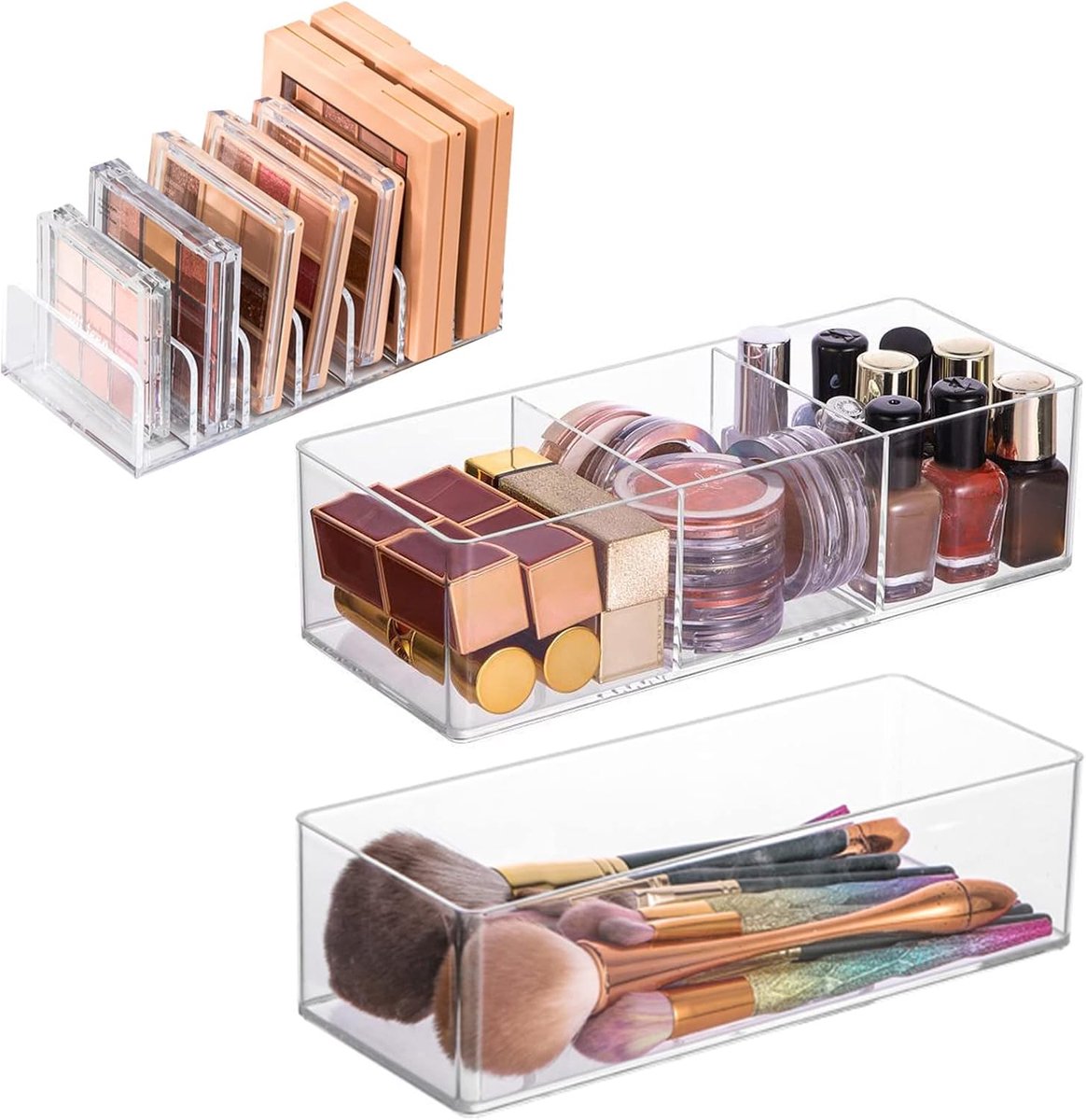 Acryl cosmeticabox met vakken, make-uporganizer, opbergdoos, vierkante ladebox voor make-uptafel, lade, dressoir, 3 stuks, transparant