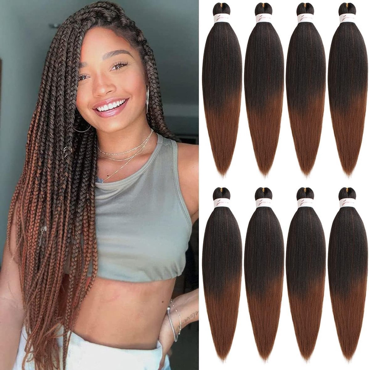 8 stuks Ombre Pre Stretched Braiding Hair 66 cm Yaki Textuur Lage Temperatuur Synthetisch Haar Vezel Easy Braid voor Vrouwen Pre Stretched Ombre Vlechten Haarextensies / 66 cm T30#