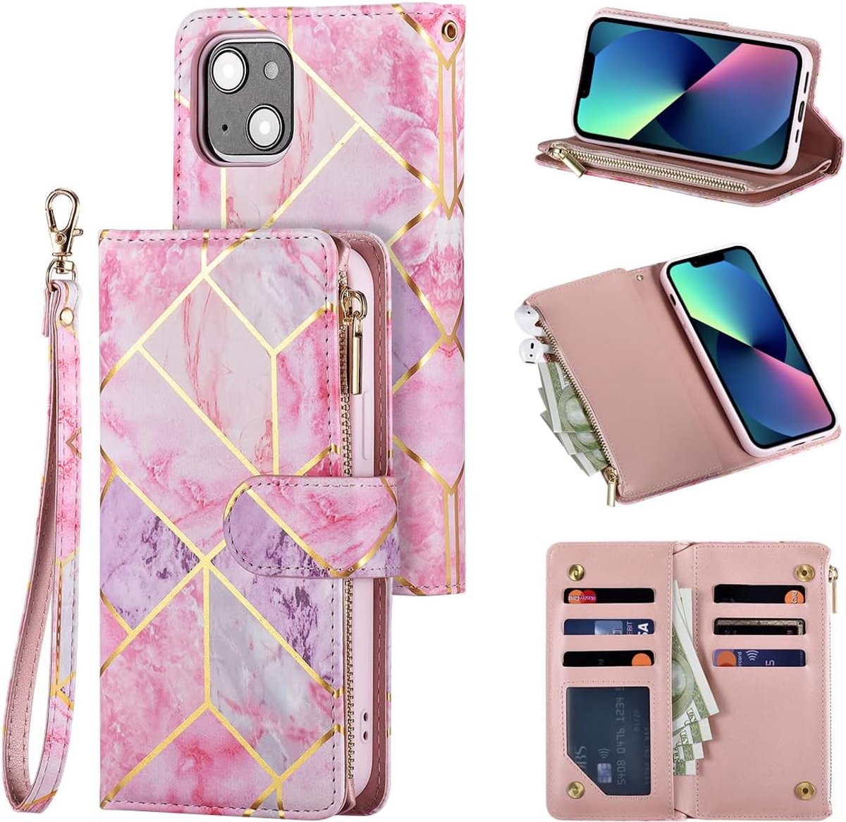 Beschermhoes voor iPhone 13 6,1 inch - Retro ritssluiting - Van zacht PU-leer - Magnetische flipcase - Met draagkoord - Paars