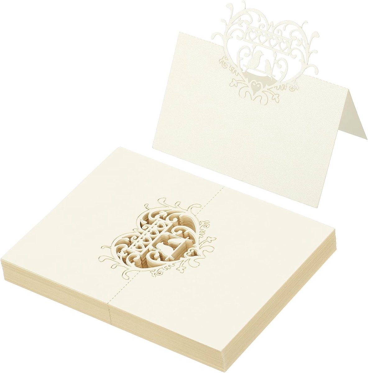 50 stuks bruiloft plaats kaarten, laser gesneden liefdesvogels tafel plaats kaart gevouwen tent kaart naam kaarten voor tafel instelling bruiloft receptie buffet, beige