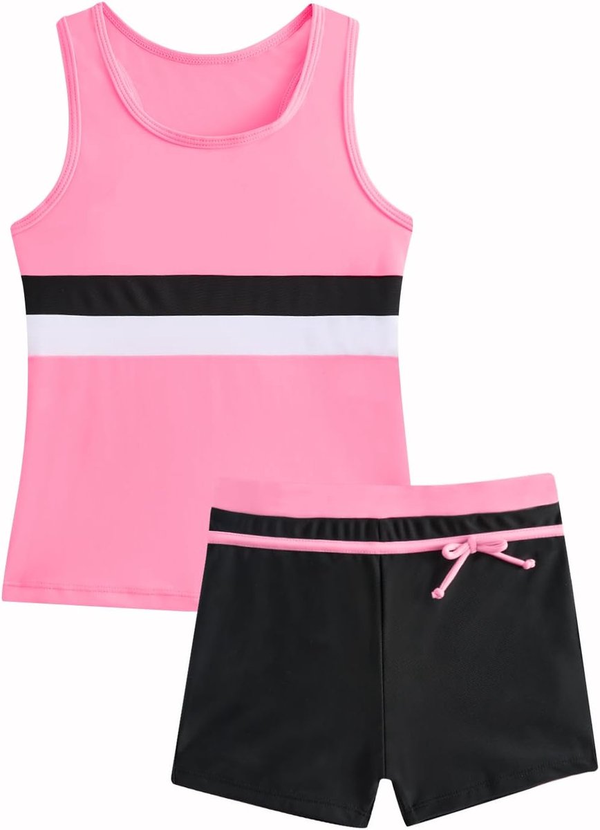 Tankini-badpak voor meisjes, 2-delig, sportieve badmode, mouwloos, racerback-top en zwemshort, gestreept badpak voor kinderen van 5-12 jaar