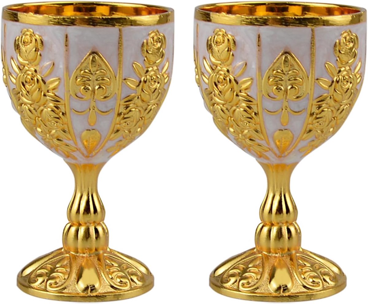 2 stuks vintage gouden beker, antieke gouden beker, vintage wijnglas, middeleeuwse beker op metaal, wijnbeker, middeleeuwse beker voor keuken, thuis, bar, feest, bruiloft, decoratie (goud, wit)