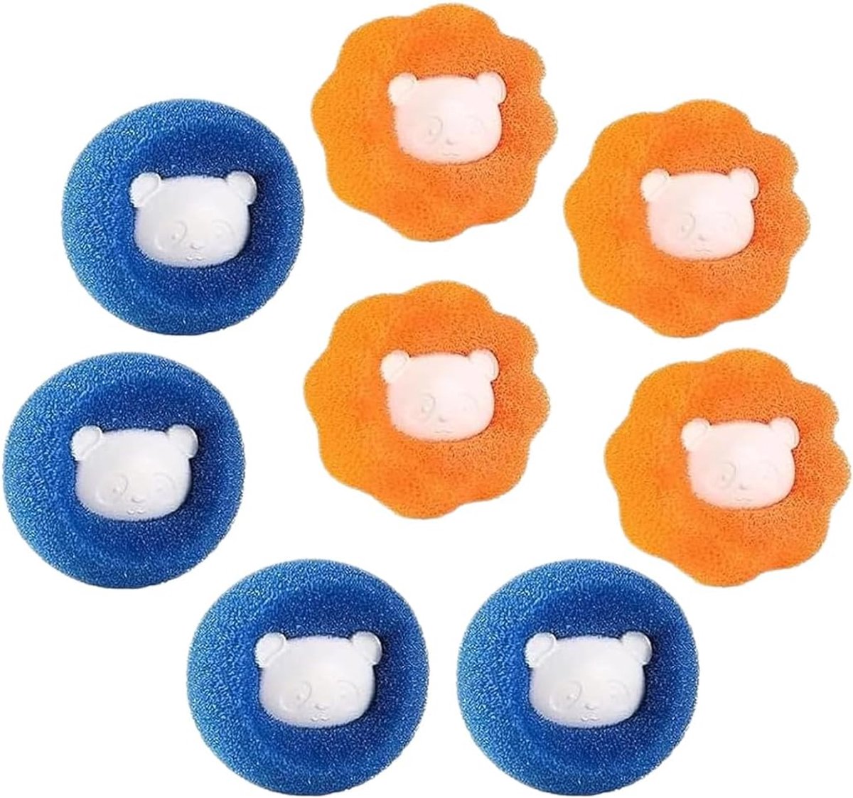 Reserveonderdelen en accessoires voor wasmachines, verpakking met 8 herbruikbare drogerballen, voor het reinigen van dierenharen, kleding en wasgoed, blauw en oranje.