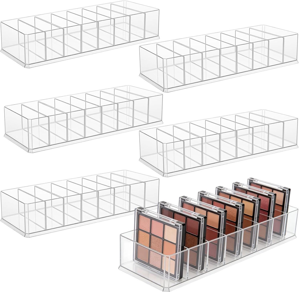 6 stuks cosmetica-organizer, acryl, 25,5 x 9 x 4,6 cm, 8 vakken, make-uporganizer, transparante opbergdoos voor make-uptafel, badkamer, wastafel