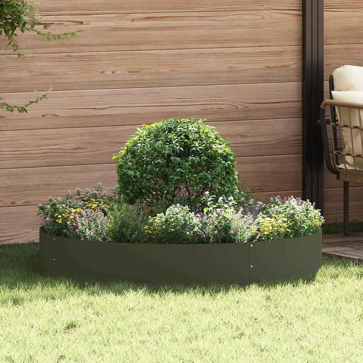 Plantenring olijf groen 120 x 120 x 20 cm koudgewalst staal, boomomranding plantenring voor boombewatering, gazonbegrenzing, bloembedrand, 873640