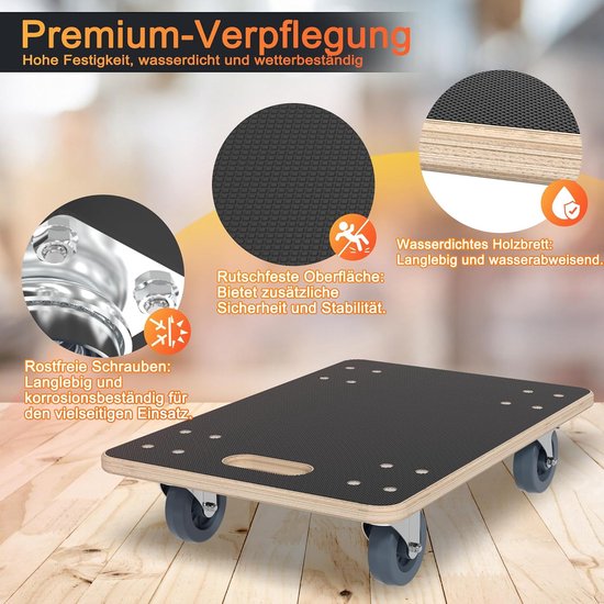 Rolplank, transportroller, 2 stuks, transporthulp met 2 parkeerrem, meubelroller van hout, rolwagen voor meubeltransport, 200 kg belastbaarheid per platform met 360° rol, 600 x 400 x 145 mm — afbeelding 3