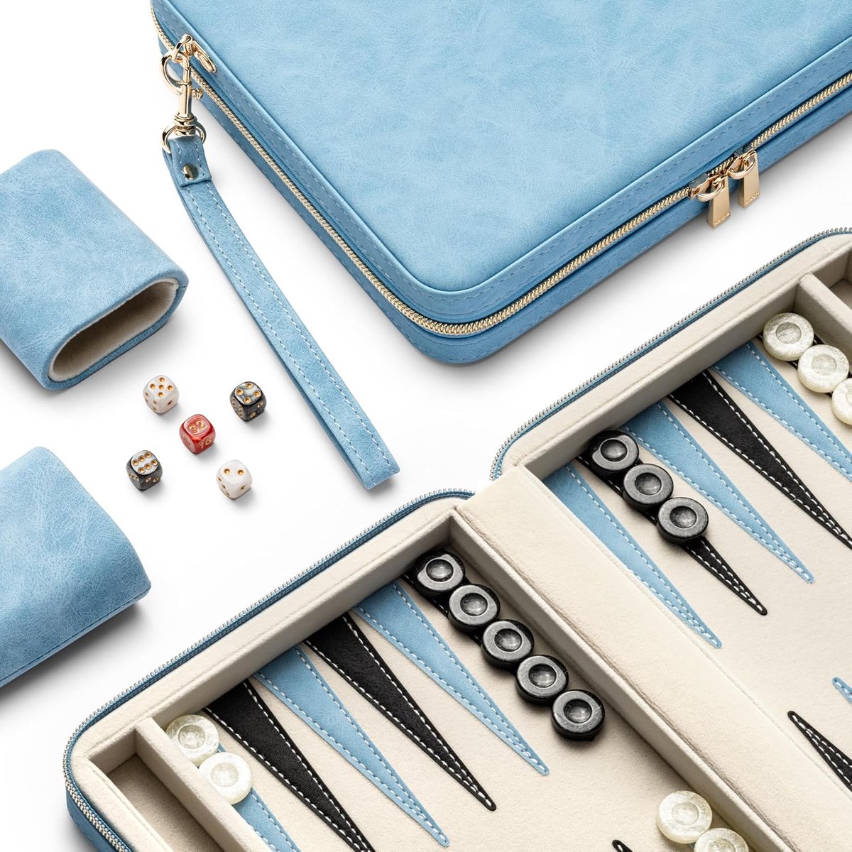 Backgammon-sets voor volwassenen, klassiek bordspel met opvouwbare kunstleren backgammon-hoes, draagbare reisgammon-gammon-spelset (blauw)