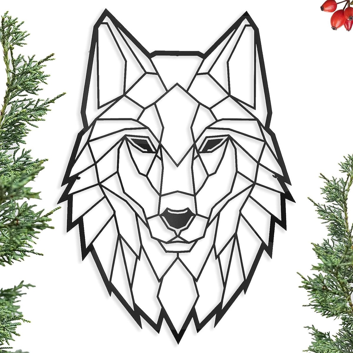 Decoratie. Zwevende wandsculptuur van staal met schaduw. (43 x 31 cm, wolf)