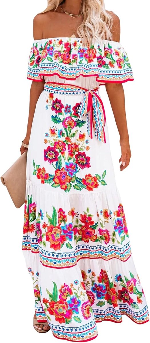 Mexicaanse jurk voor vrouwen off-shoulder bloemenprint maxi-jurk zomerfeest casual zonnejurk jurken