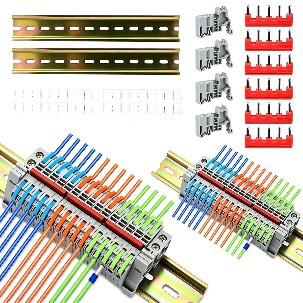 klemmen hoedrail set, 15 stuks, blauw-rood groen, met 2 markeringsstrepen, 3 verbindingslijsten, 5 pins, 2 terminal-clipmodules