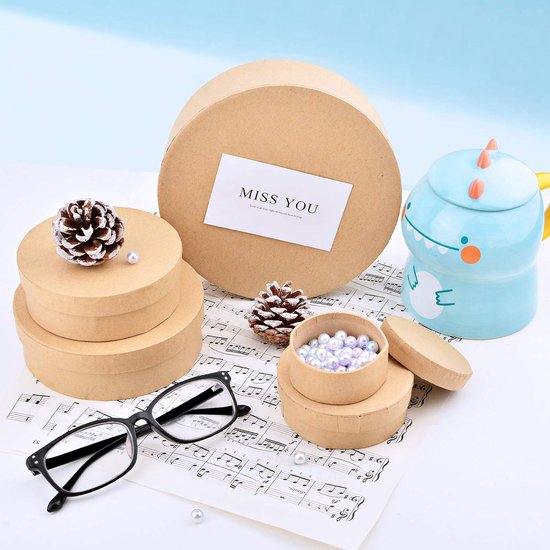 Paper Mache Box, set van 5 ronde mini kraftpapieren dozen met deksels ideaal voor knutselen en opbergen van accessoires, cosmetica, sieraden, cadeaus, huishoudelijke artikelen — afbeelding 3