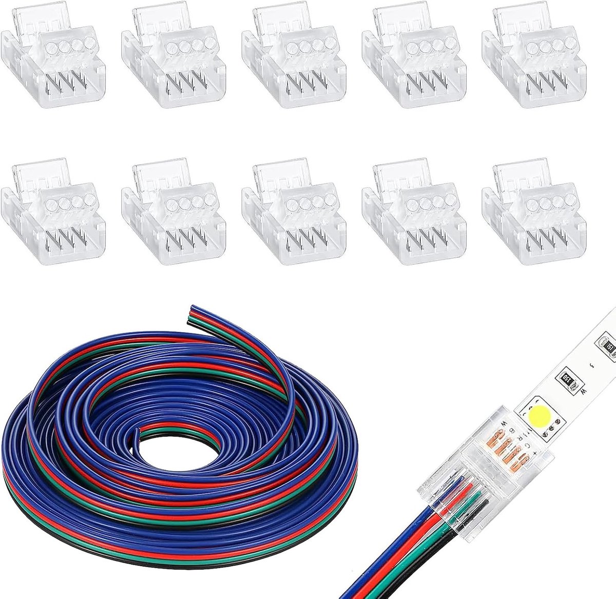 5 m verlengkabel, ledstrip, 4-polig, 22 AWG, 5 V-24 V, met 10 snelaansluitingen, naadloze ledstrip voor RGB 5050 10 mm, meerkleurige stroomkabel voor de verlichting, flexibele strip voor binnen