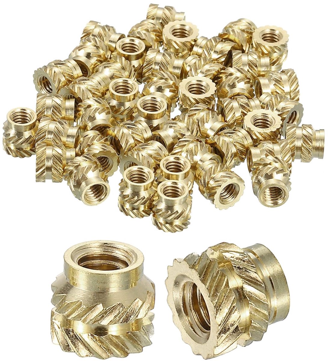 Moeren met sleufinzet, 50 stuks M4 x 6 mm L x 7 mm Od 3D-print messing moeren schroefdraad inzetstukken moeren voor thermisch vaste messing inzetstukken