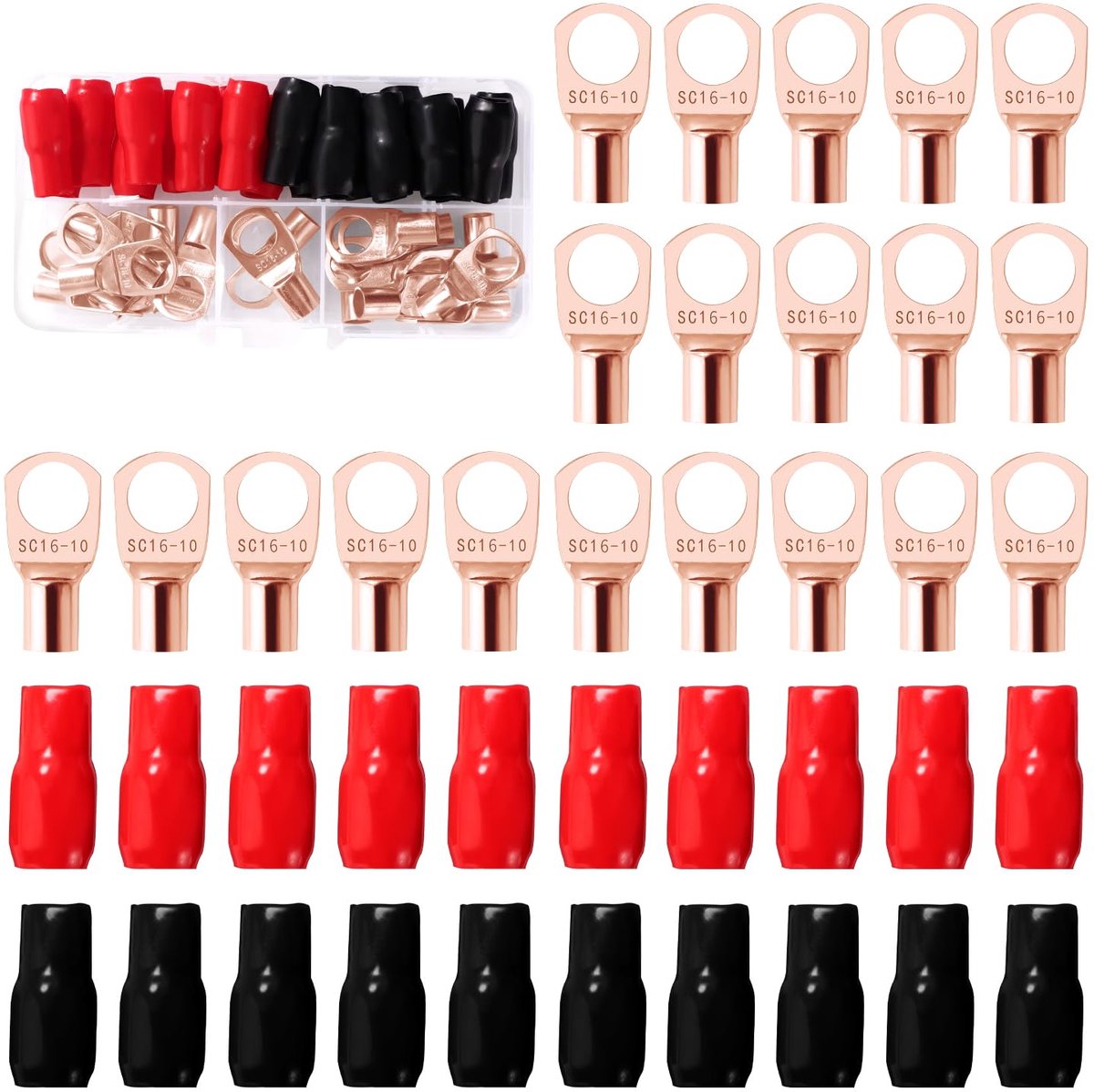 40 Stuks M10 SC16-10 AWG6 Ringklemmen Set, Buisvormige Batterijkabeluiteinden, Batterij Kabel Eind Terminals, met Isolatie Mouwen, voor Elektrische Kabel, Gouden