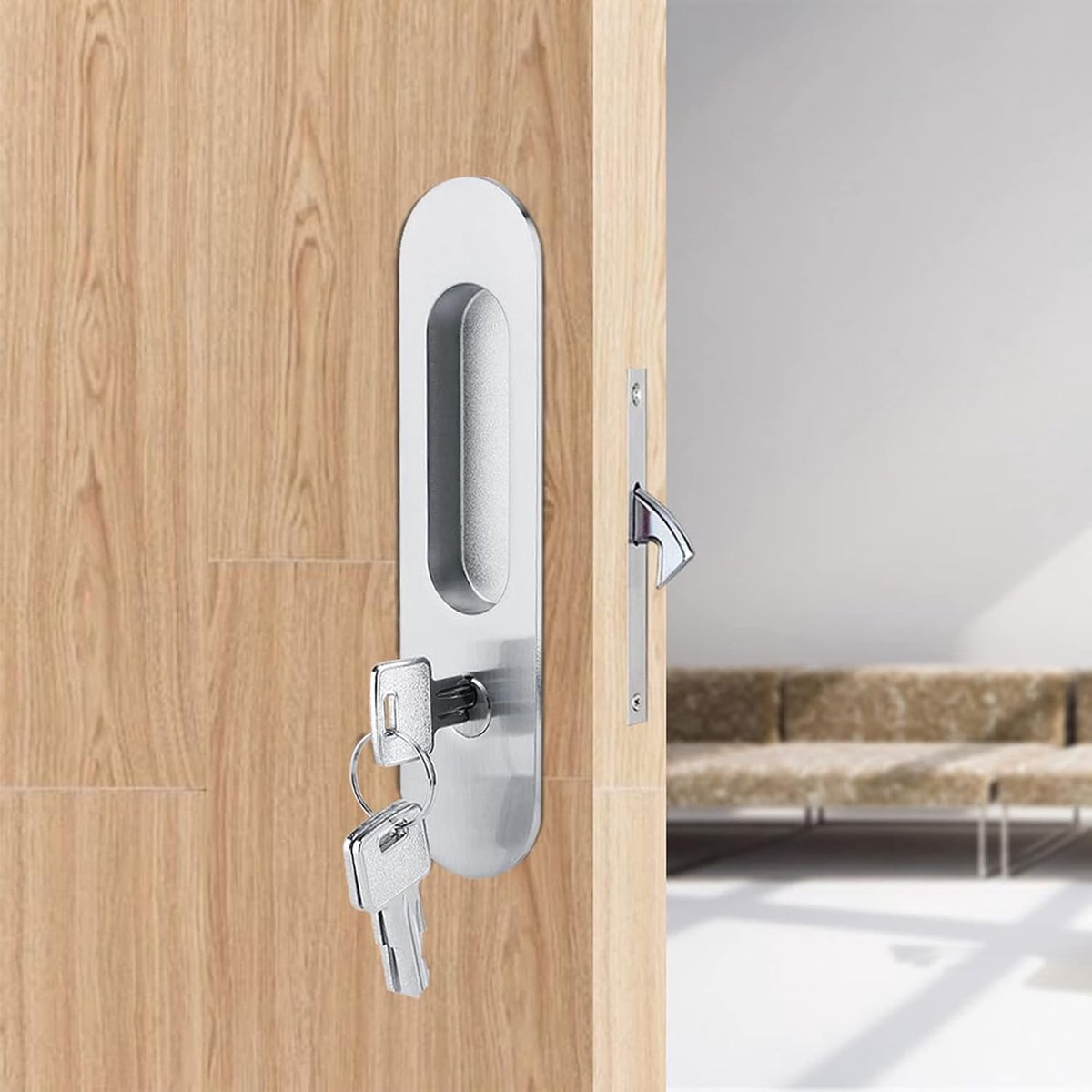 Zinklegering Schuifdeur Onzichtbare Houten Sloten Deurslot met 3 Meubelsleutels Interieur Hardware Klink voor Badkamer Keukenkast Balkon Zilver