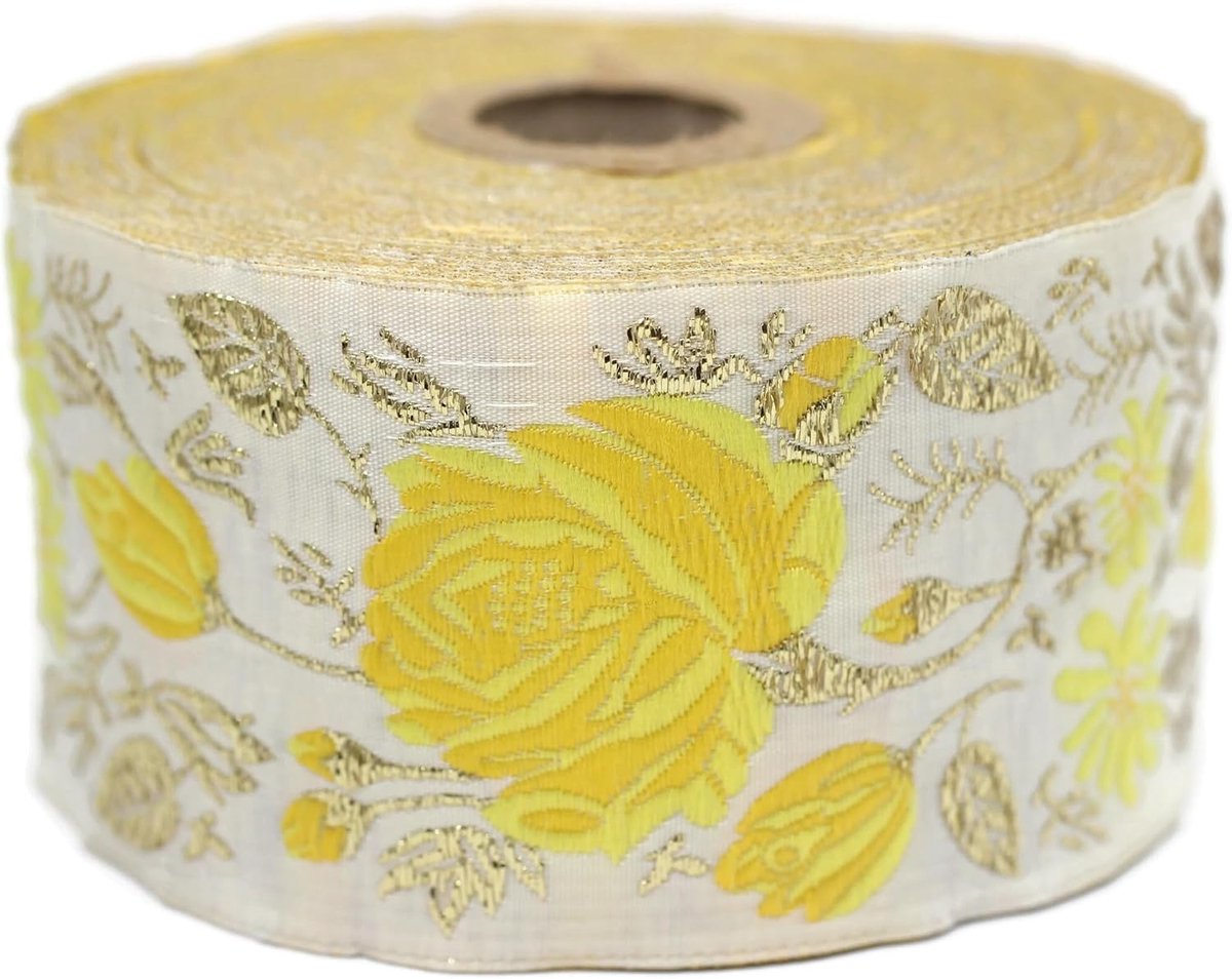 Jacquard lint geweven geel en goud metallic roze glans 10 m x 50 mm - rollen geborduurd lint voor naaien, decoratie 50089-V6