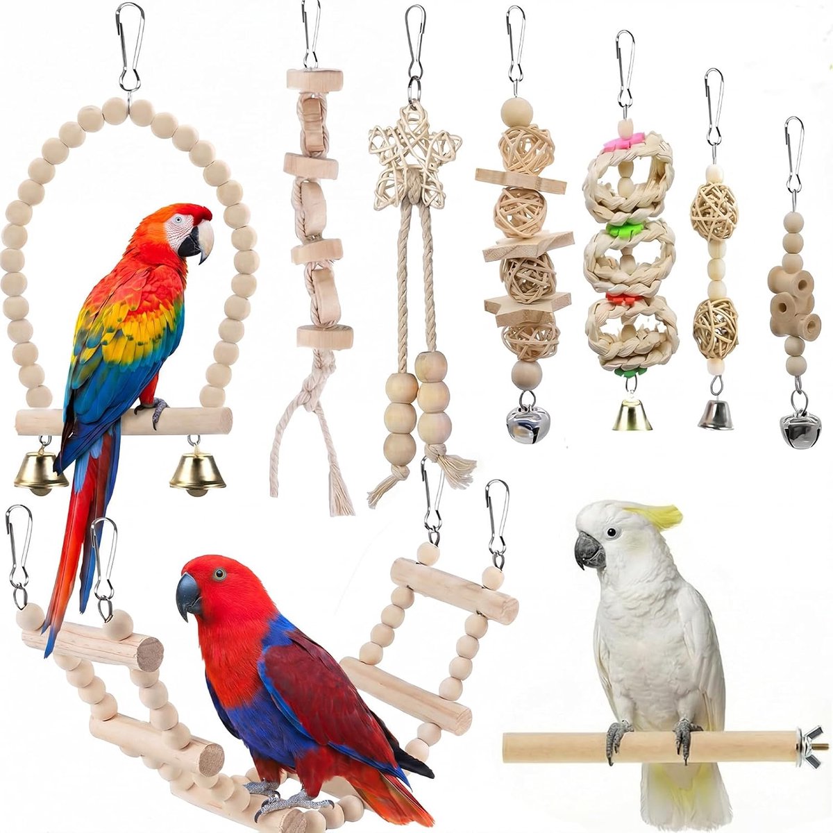 Speelgoed, Nymphensittich Speelgoed, Parkieten Accessoires - Natuurlijk Kauwspeelgoed van Houten Met Schommel, Ladder, Bel voor Parkieten, Lovebirds, Vinken [Kleurrijk]