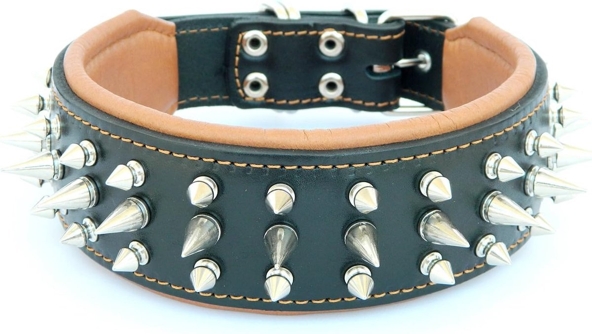 "Danger echt lederen hondenhalsband met schroefpunten en lederen binnenvoering. 6,5 cm breed
