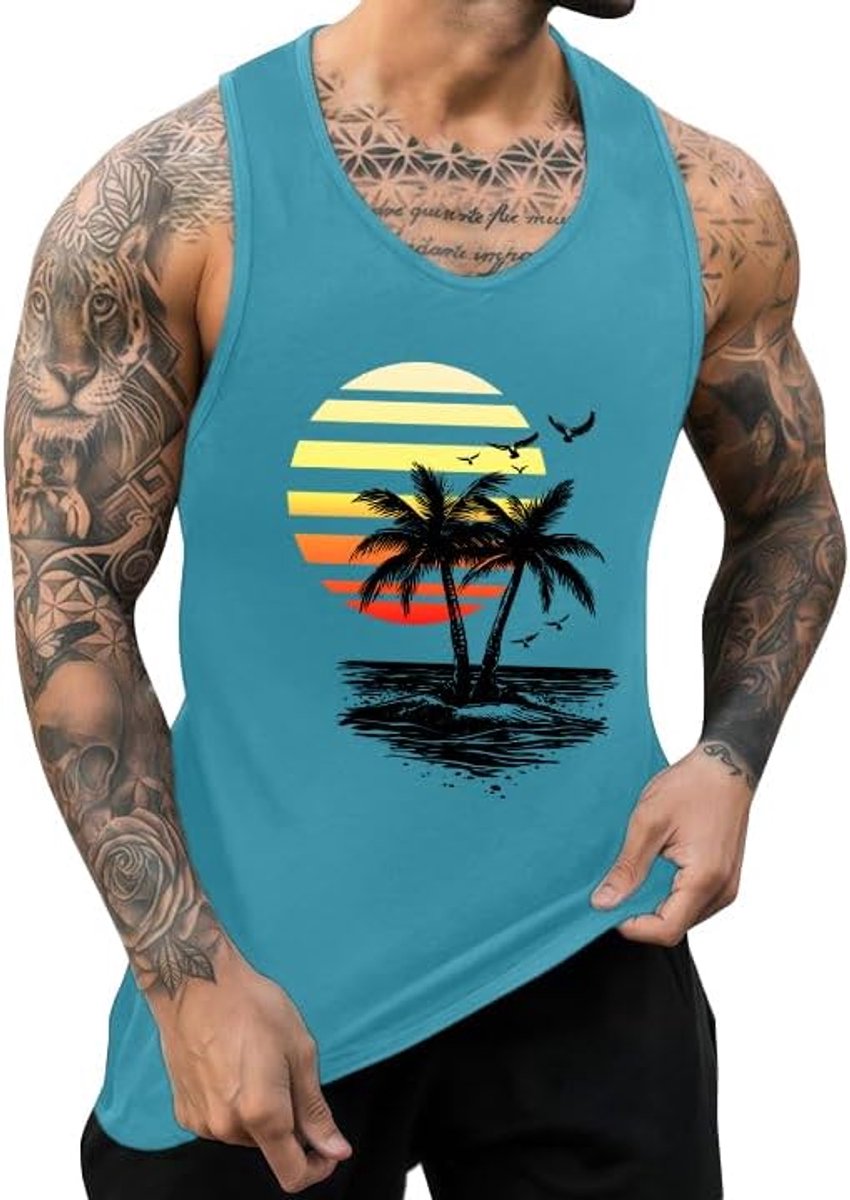Tanktop voor heren, katoen, bedrukt, mouwloos shirt, zomer, Hawaïhemd, losse tanktop