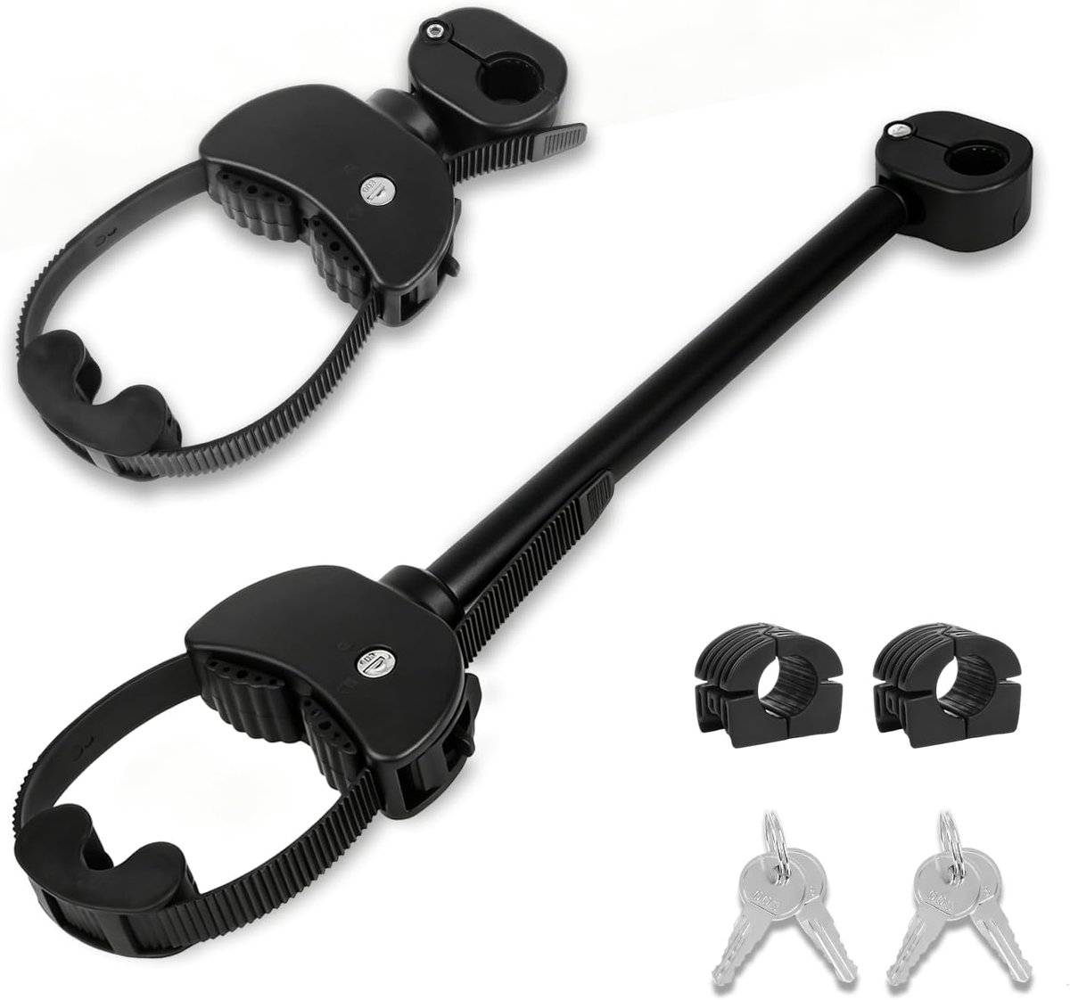 2 stuks framehouders voor fietsendrager, lengte 12 cm + 34 cm, verstelbare riemframehouder voor e-bike met vergrendeling, voor Ø 2,5-3 cm U-beugelbuis (zwart + zilver)