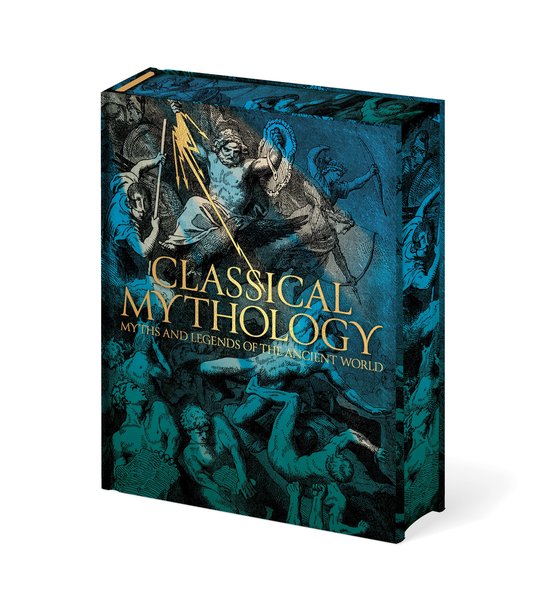 Boîte de livre avec le titre 'CLASSICAL MYTHOLOGY MYTHS AND LEGENDS OF THE ANCIENT WORLD' en lettres dorées, illustrée de détails bleus et verts.