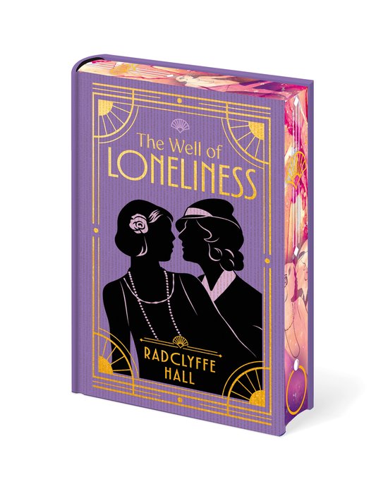 Paars boek met de titel 'The Well of Loneliness' en gouden art deco-decoraties. Twee silhouetten van vrouwen kijken elkaar aan.