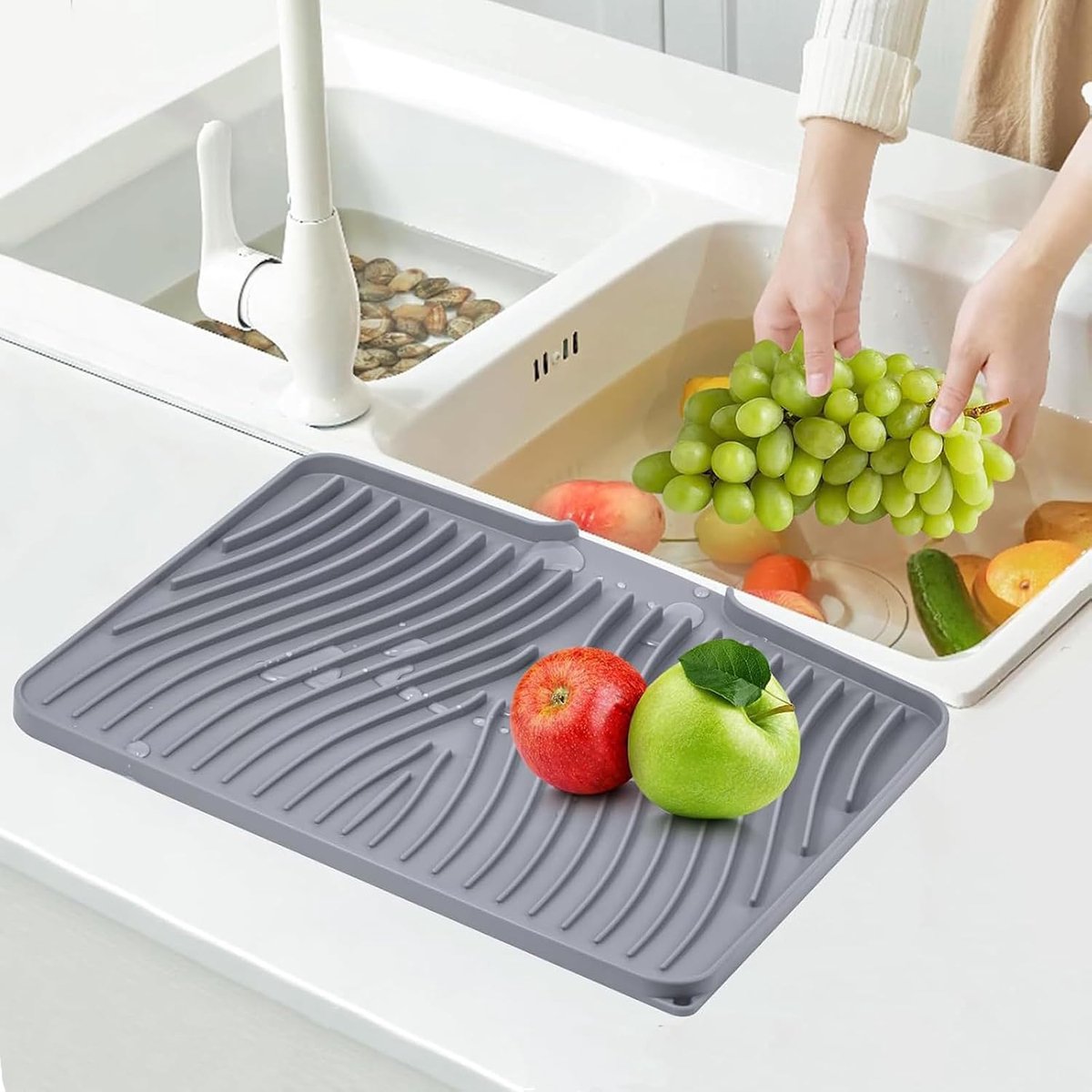 afdruipmat van 40 x 33 cm, afdruipmat voor aanrecht#5 | antislip afdruiprek met snelle afvoer, hittebestendig en opvouwbaar, multifunctionele mat voor aanrecht, potten en pannen