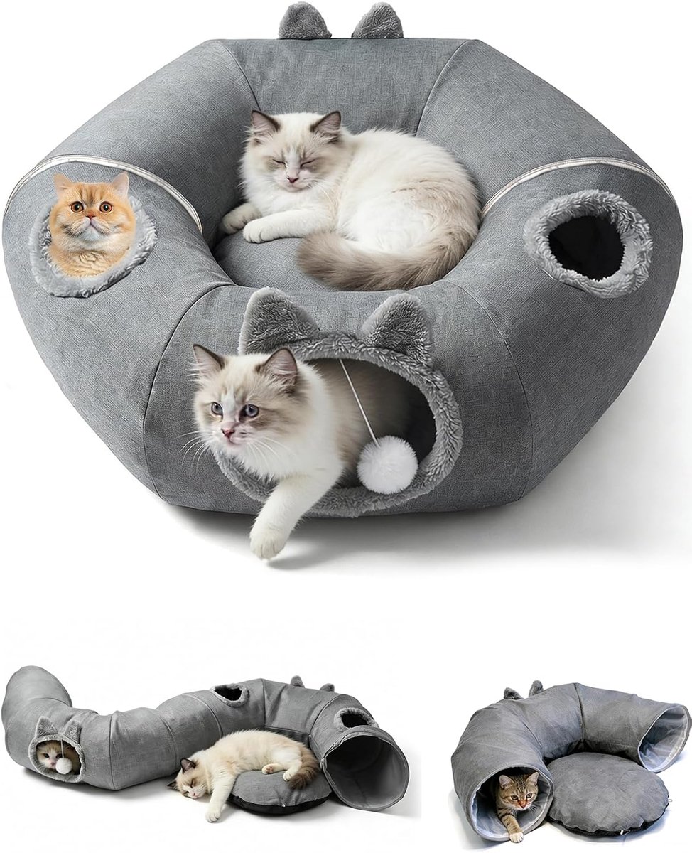 Kattentunnel van linnen voor de zomer, XXL kattentunnel voor grote katten met slaapplaats en bed, zacht, met twee ingangen kattenmand en hangende ballen, kattendonuttunnel voor katten (donkergrijs)