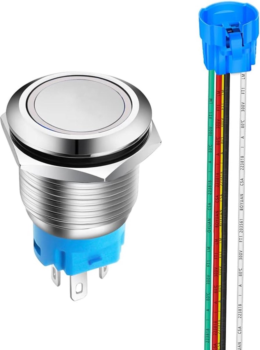 0.75 inch/19mm Roestvrijstalen Kortstondige Drukknop 12V-24V 5A LED 1NO1NC SPDT AAN-UIT Waterdichte Drukknop met Draadstekker(Witte LED)