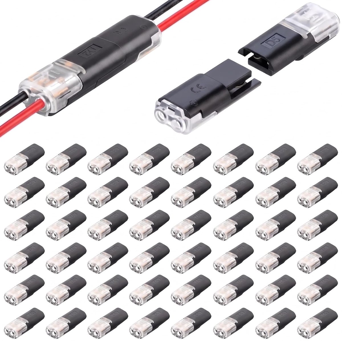 50 stuks autokabelverbinders, waterdicht, 2-polig, 2-polige stekker, kabelconnector, snelle auto-kabelverbindingen, 12 V, voor 18-22 AWG kabel, krimpbaar, aansluitbare kabelaansluiting voor