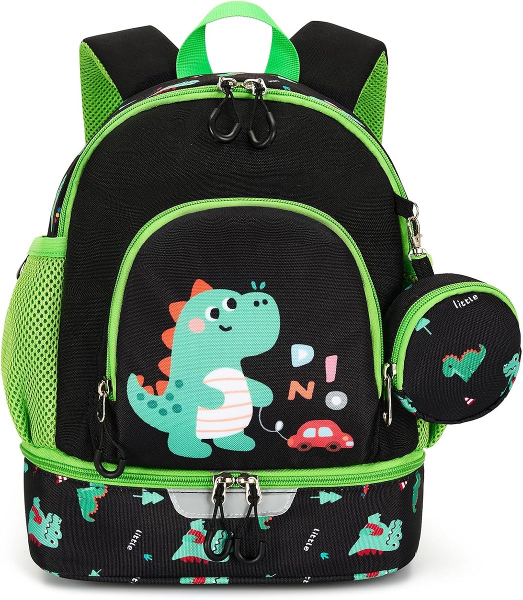2026 Kinderrugzak met portemonnee, jongens en meisjes, kleuterschoolrugzak met borstband en reflecterend, kinderrugzak met geïsoleerd lunchboxvak voor 2-6 jaar, 11,5 l, groen, 26x13x34 cm