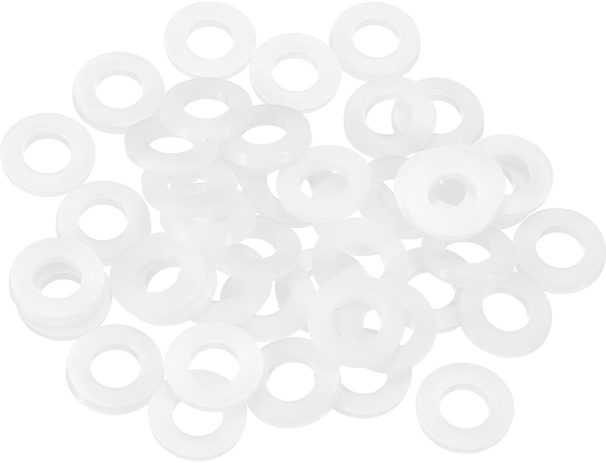 55 stuks nylon sluitringen, 10 mm ID, 20 mm OD, 2 mm dik, platte schijf, kunststof afstandhouders voor schroeven, bouten, tuinkraan, sanitaire reparatie, wit