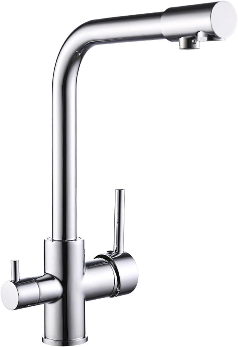 3-weg keukenkraan, 3-in-1 mengkraan voor waterfilter, 360 graden draaibaar, keukenkraan van verzinkt koper, 2 hendels drinkwaterkraan, met slang van 60 cm, voor gootsteen (chroomzilver)