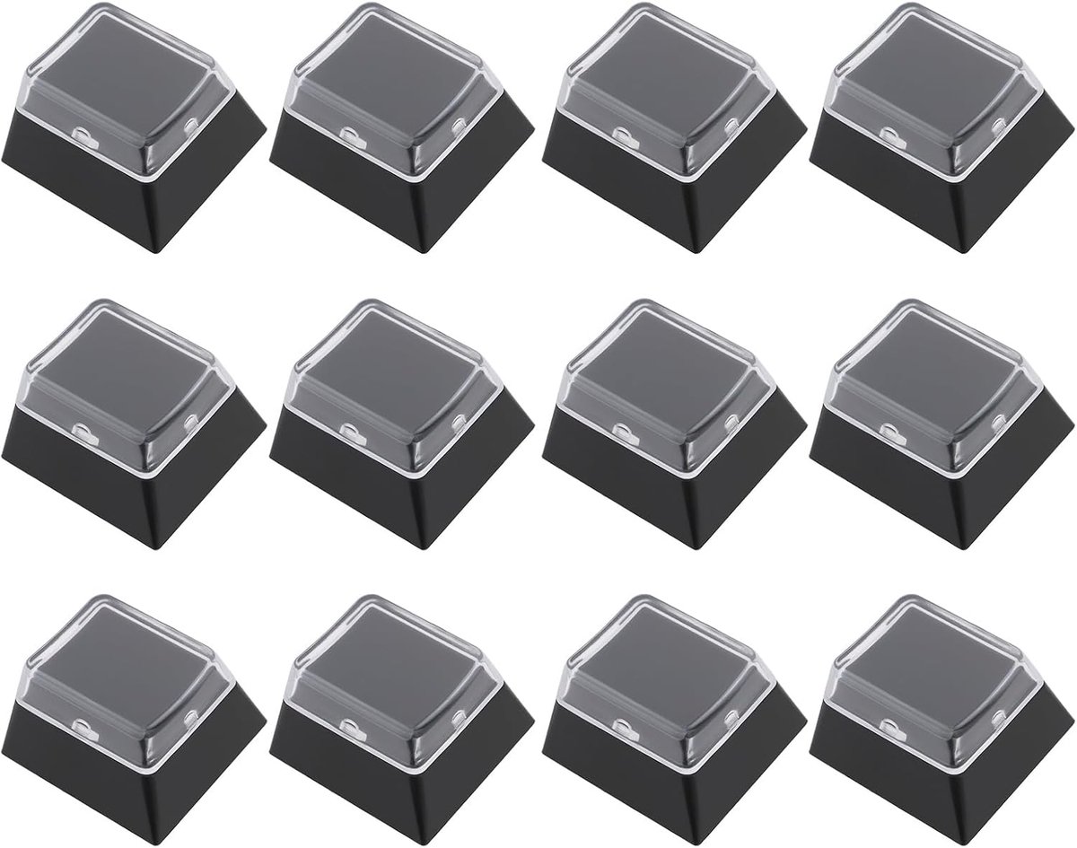Store 12 stuks dubbellaagse keycaps kunststof profiel aangepaste doe-het-zelf 18 x 18 mm compatibel met Cherry MX-schakelaars met transparante afdekdop (zwart)