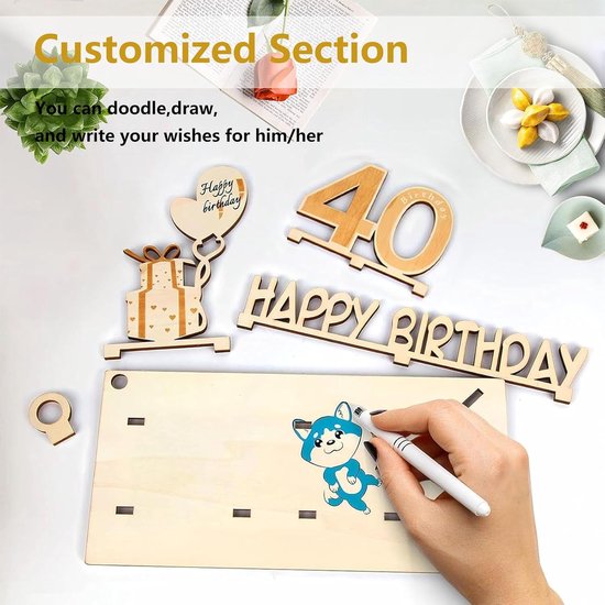 40 jaar geschenken, geldgeschenk verjaardag 40 met LED-lichtsnoer, 40e verjaardag, decoratie, wenskaart voor de 40e verjaardag, gastenboek gemaakt van hout, cadeaus voor 40e verjaardag heren dames — afbeelding 4