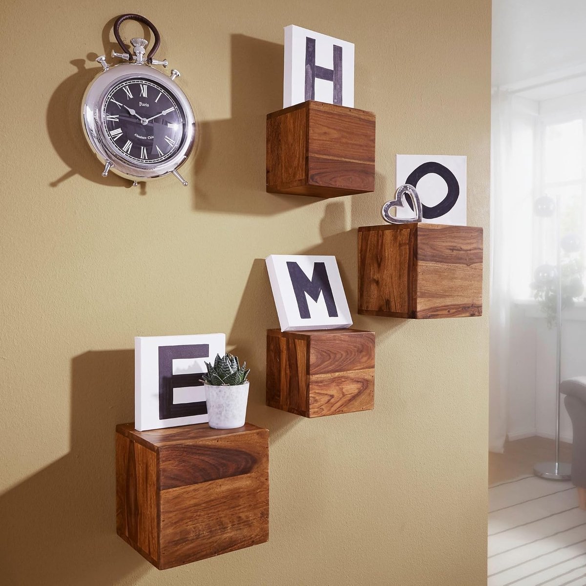 Wandrek Set van 4 Set Massief Hout, Zwevende Plank 25 en 20 cm | wandplanken in 2 maten, kubusrekken van echt hout in landelijke stijl, handgemaakt, elke set is uniek