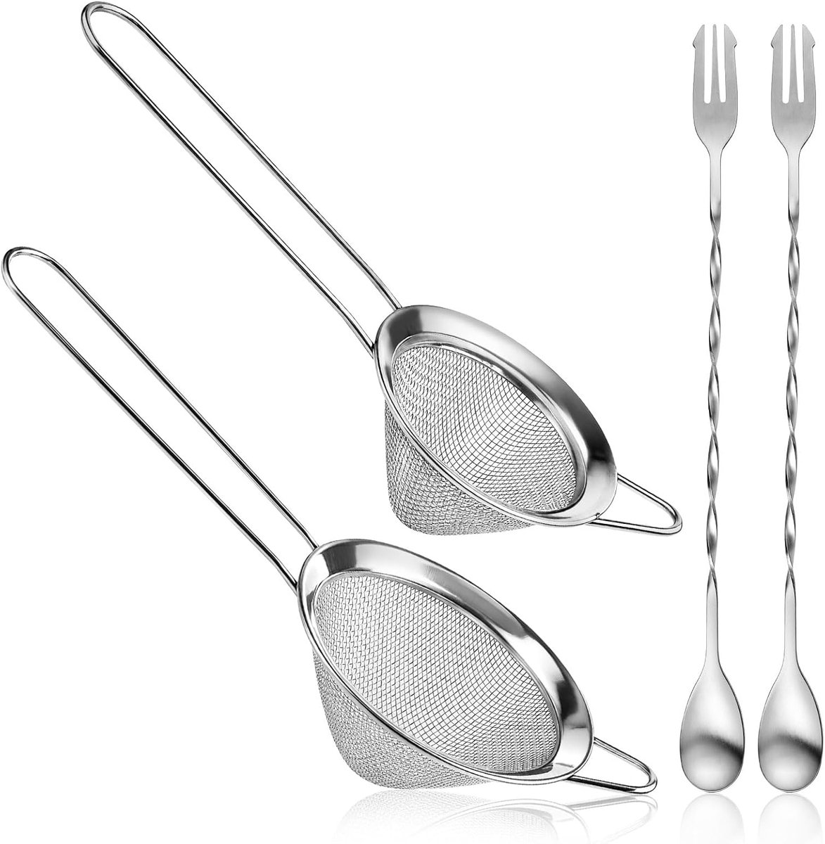 2 stuks roestvrijstalen kegelvormige cocktailzeef, 2 maten, conische zeef en keukenzeef, fijnmazige zeef, theezeef met handvat, barlepel voor thee, dranken, cocktails, meel, suiker, specerijen